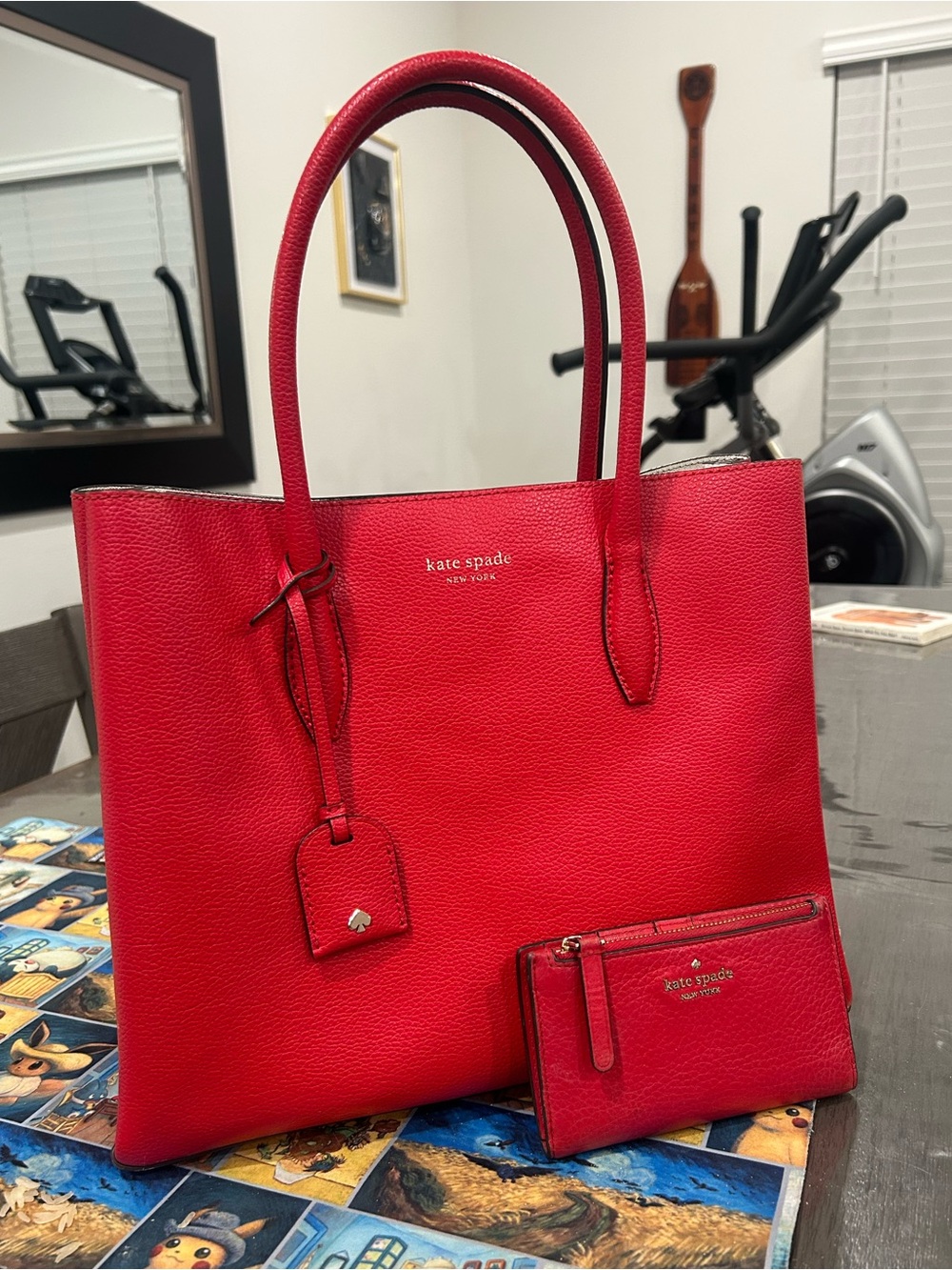 Kate Spade Eva Medium Satchel Tote + Matching Wallet Red Pebbled Leather